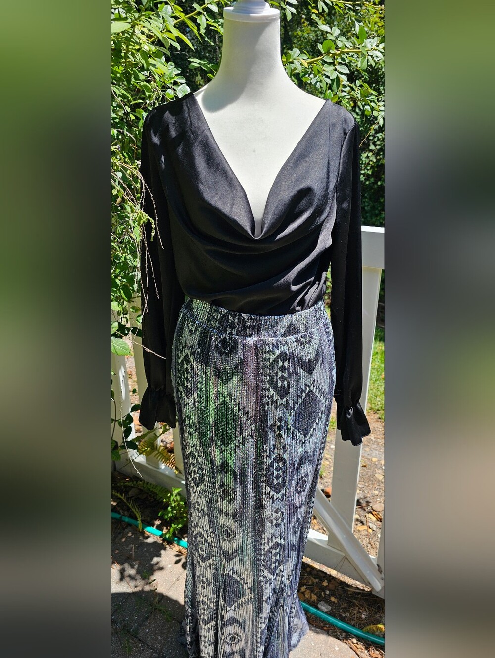Crazy Train Sequin Maxi Skirt Western Aztec Silver Black Turquoise
